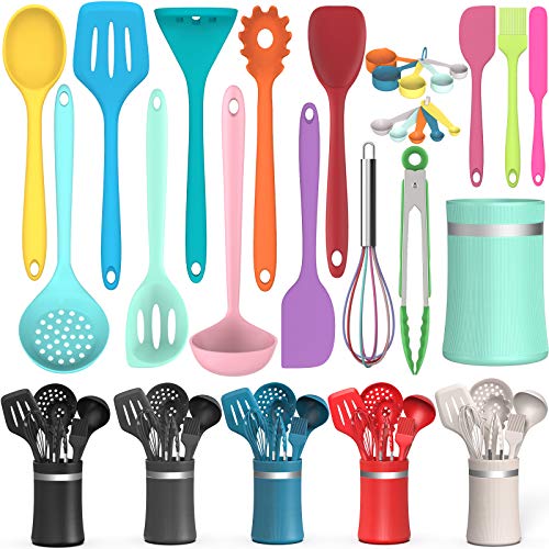 Silicone Cooking Utensil Kitchen Utensil Set 24 Pcs Nonstick Cooking Utensils Spatula Set with Holder by AIKKIL Heat Resistant Kitchen Gadgets Tools Set for Cookware(Colorful)
